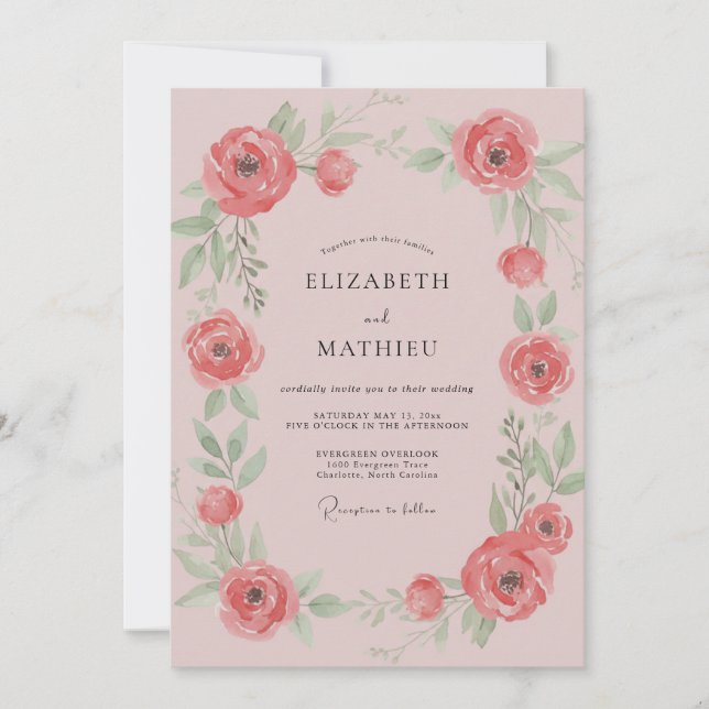 Invitation Mariage aux renoncules corail feuillues (Devant)