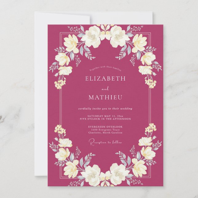 Invitation Mariage aux Renoncules Feuillus de Framboise (Devant)