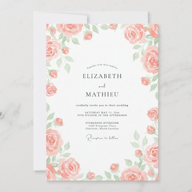 Invitation Mariage aux renoncules peintes de corail doux (Devant)