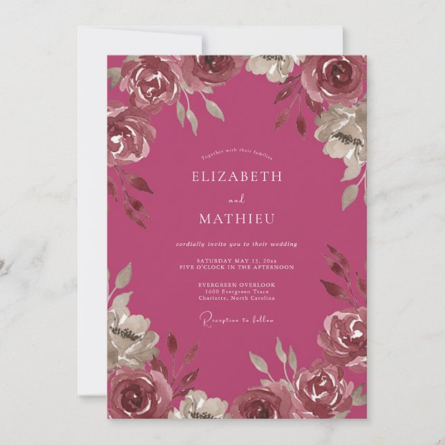Invitation Mariage aux Renoncules Peintes en Framboise (Devant)