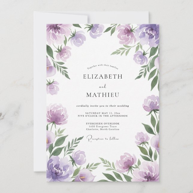 Invitation Mariage aux Renoncules Peintes en Violet (Devant)