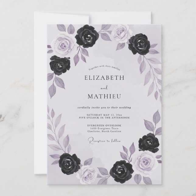 Invitation Mariage aux Roses Améthyste Noires (Devant)