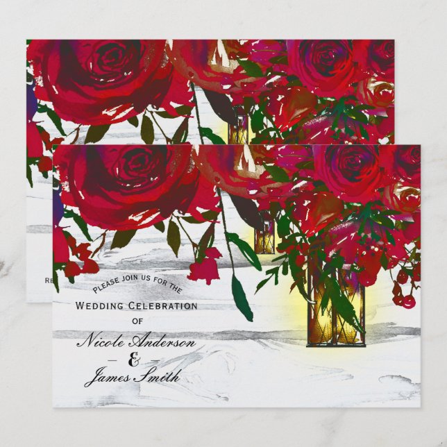 Invitation Mariage aux Roses Aquarelles Rouges Romantiques et (Devant / Derrière)