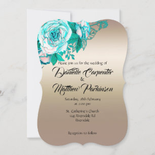 Invitation Mariage aux Roses Aquarelles Turquoise et Or 