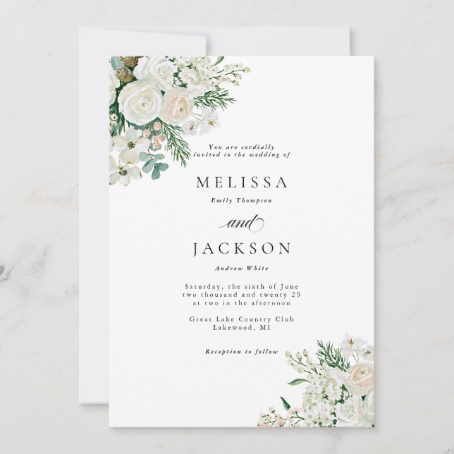 Invitation Mariage aux Roses Blanches d'Hiver Cornouiller et  (Devant)