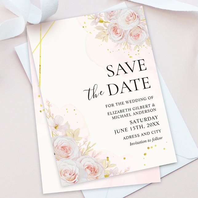 Invitation Mariage aux Roses Blanches Élégantes Sauvez les Da (Créateur téléchargé)