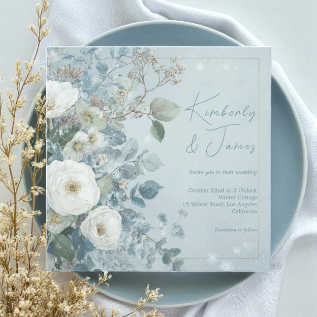 Invitation Mariage aux Roses Blanches Hellebores Eucalyptus A (White Roses Hellebores Silver Eucalyptus Wedding Invitation)