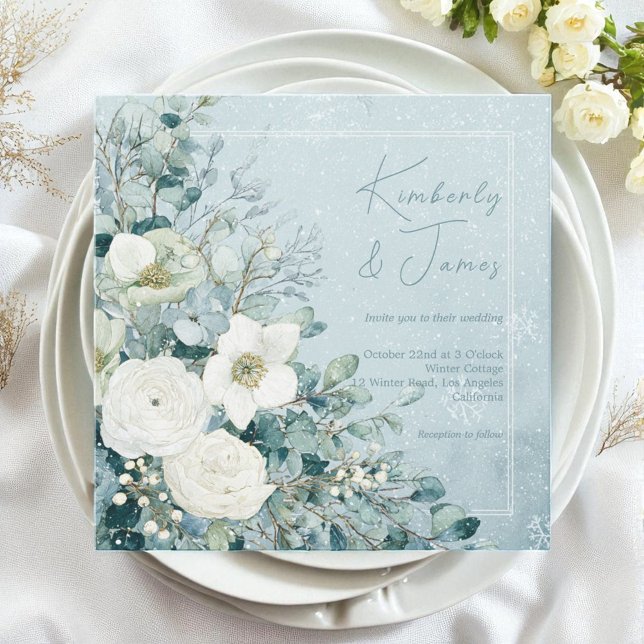Invitation Mariage aux Roses Blanches Hellébores Eucalyptus A (White Roses Hellebores Silver Eucalyptus Wedding Invitation)
