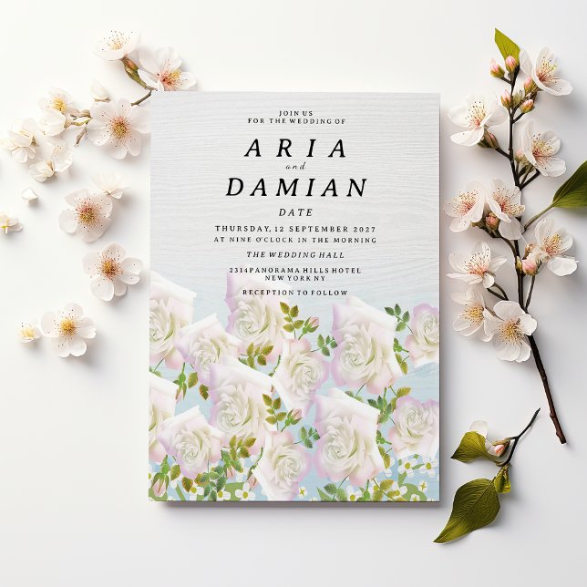Invitation Mariage aux roses blanches rustiques en bois rose  (Rustic white wood pink mint roses Wedding )