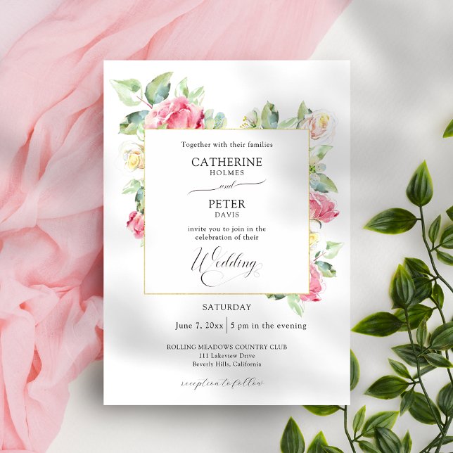 Invitation Mariage aux Roses en Aquarelle Rose/Ivoire avec un (Créateur téléchargé)