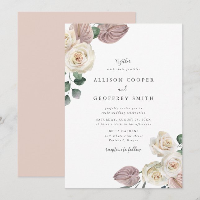 Invitation Mariage aux Roses et Orchidées à l'aquarelle (Devant / Derrière)