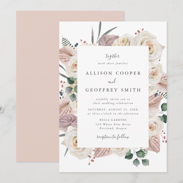 Invitation Mariage aux Roses et Orchidées à l'aquarelle (Devant / Derrière)