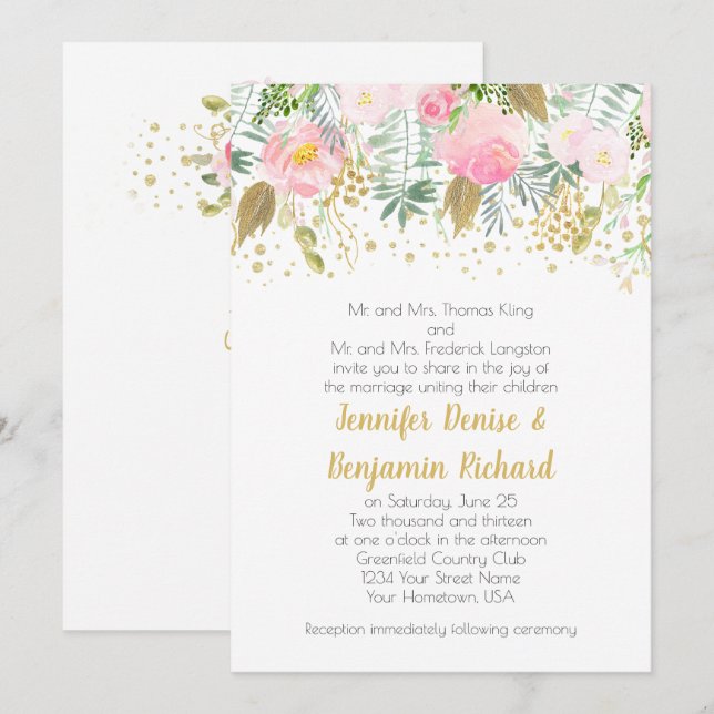 Invitation Mariage aux Roses Fuschia Aquarelle et Feuillage D (Devant / Derrière)
