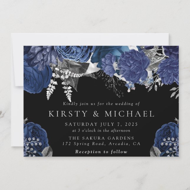 Invitation Mariage aux Roses Navy et Argent à l'aquarelle (Devant)