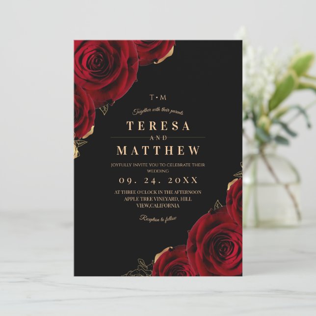 Invitation Mariage aux Roses Noires et Bourguignonnes Moderne (Debout devant)