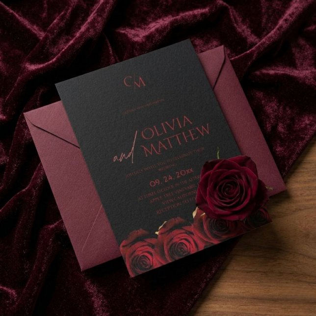 Invitation Mariage aux Roses Noires et Rouges Modernes (Créateur téléchargé)