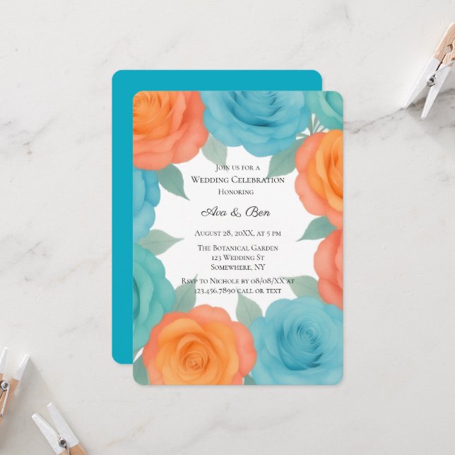 Invitation Mariage aux Roses Orange et Sarcelle Aquarelle (Devant/Arrière en situation)