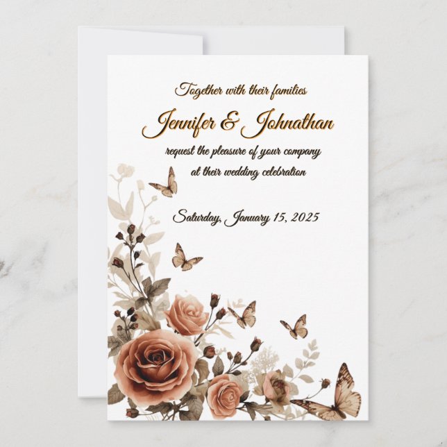 Invitation Mariage aux Roses & Papillons Vintage  (Devant)