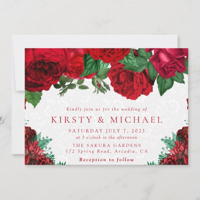 Invitation Mariage aux Roses Rouges à l'Aquarelle (Devant)