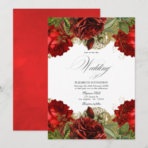 Invitation Mariage aux Roses Rouges Bourgogne et Or de Style 