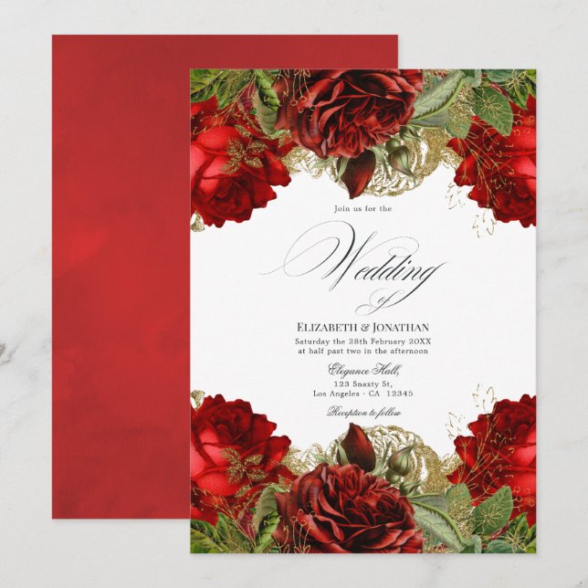 Invitation Mariage aux Roses Rouges Bourgogne et Or de Style  (Devant / Derrière)