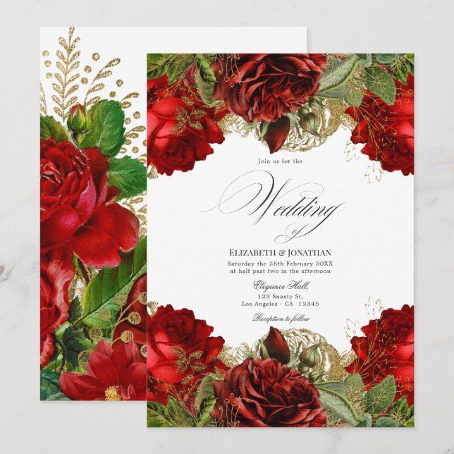 Invitation Mariage aux Roses Rouges Bourguignonnes et Dorées  (Devant / Derrière)