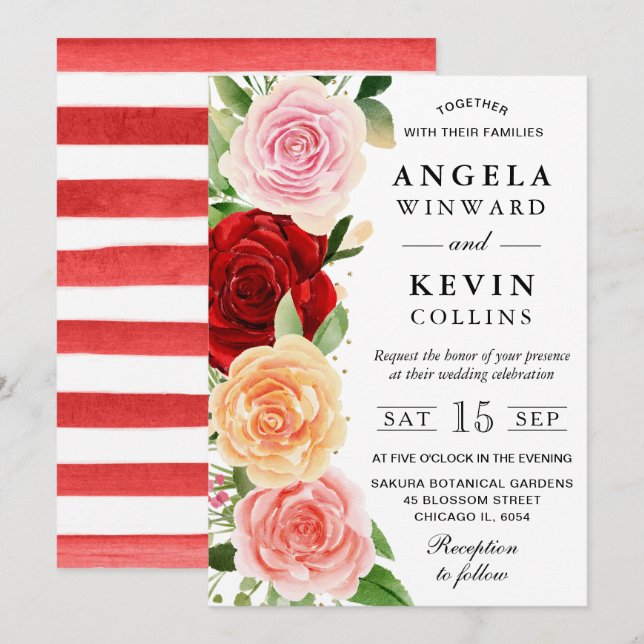 Invitation Mariage aux Roses Rouges et Orange à l'Aquarelle (Devant / Derrière)