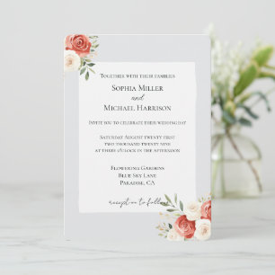 Invitation Mariage aux Roses Rouges Grises et Crème Romantiqu