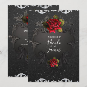 Invitation Mariage aux Roses Rouges Ornementales Vintage Noir