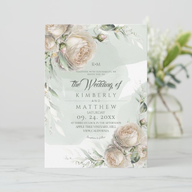 Invitation Mariage aux Roses Vert Sauge et Feuillage (Debout devant)