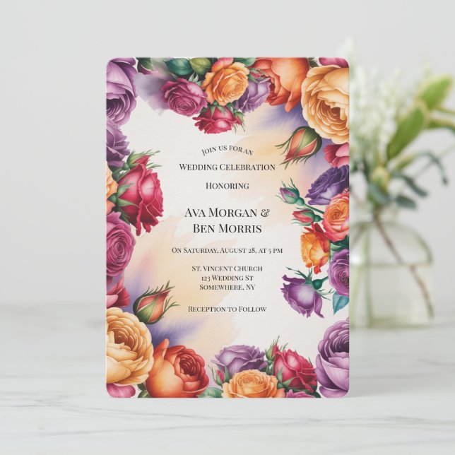 Invitation Mariage aux Roses Violettes, Orange et Rouges avec (Debout devant)