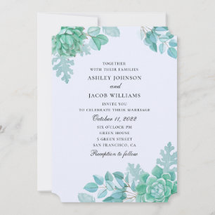 Invitation Mariage aux succulentes à l'aquarelle. Cactus bleu