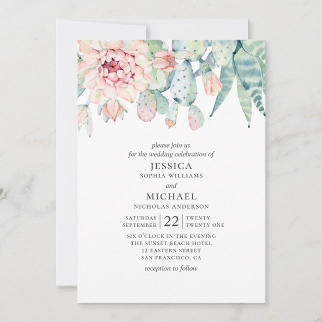 Invitation Mariage aux succulentes aquarelle. Cactus floral r (Devant)