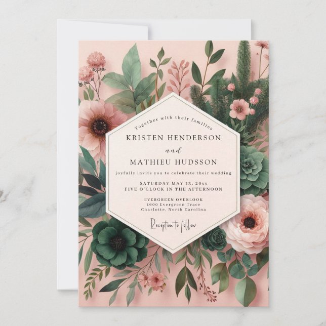 Invitation Mariage aux Succulentes Rose et Bleu Canard (Devant)