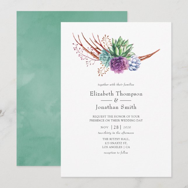 Invitation Mariage aux Succulents de Désert à l'Aquarelle (Devant / Derrière)