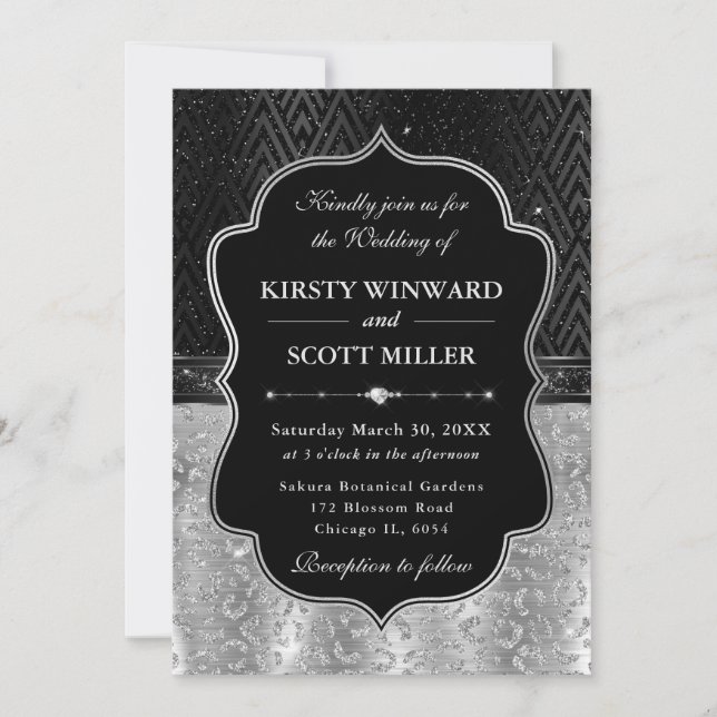 Invitation Mariage aux Taches de Léopard Noir Argenté Glamour (Devant)