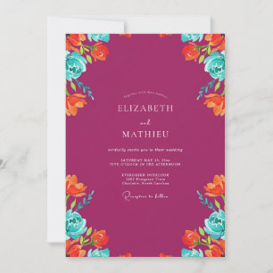 Invitation Mariage aux teintes magenta et turquoise peintes s