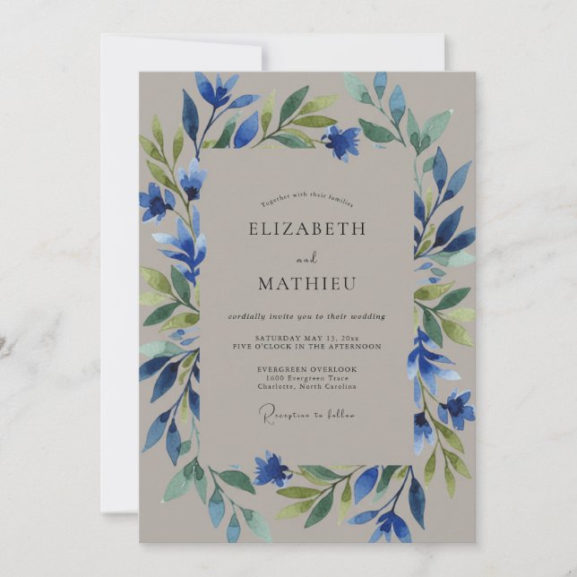 Invitation Mariage aux tons de taupe et pervenche (Devant)