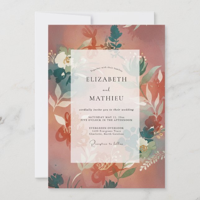 Invitation Mariage aux tons de Terracotta sarcelle assourdis (Devant)