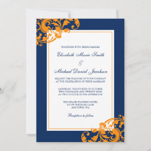 Invitation Mariage aux Tourbillons de Bleu Marine et d'Orange