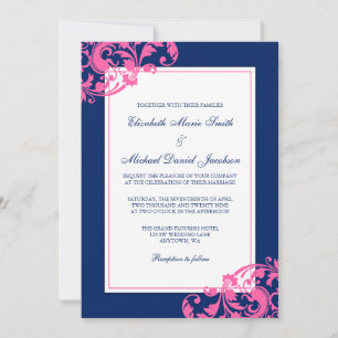 Invitation Mariage aux Tourbillons de Bleu Nuit et Rose