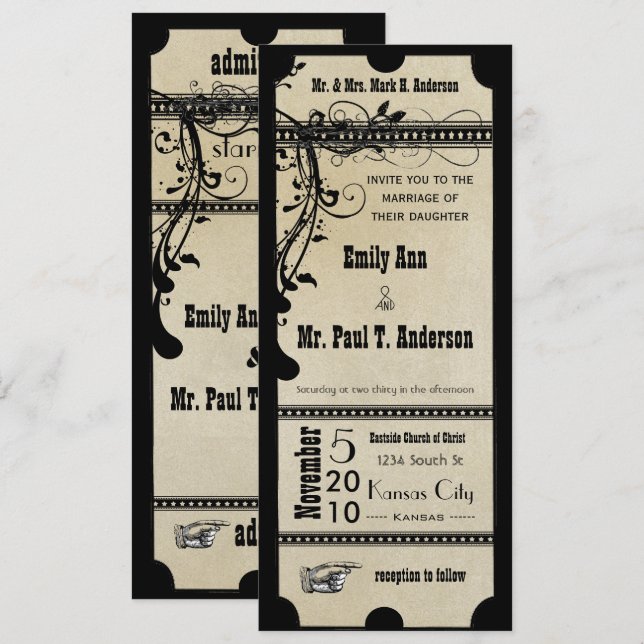 Invitation Mariage aux tourbillons de texte funky noir (Devant / Derrière)
