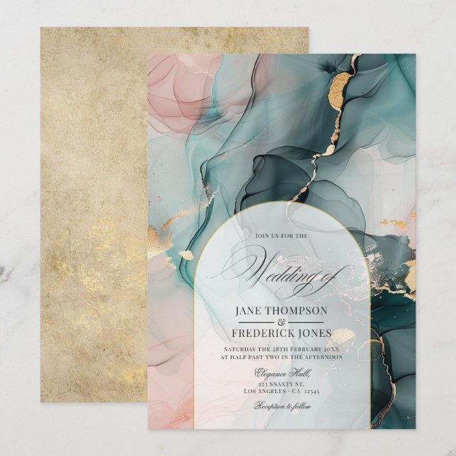 Invitation Mariage aux Tourbillons d'Encre Rose et Sarcelle e (Devant / Derrière)