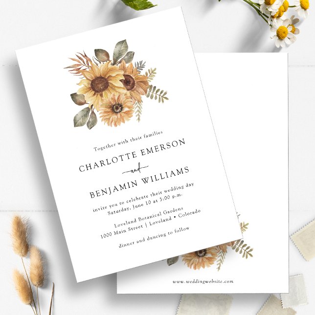 Invitation Mariage aux Tournesols Rustiques (Elegant Sunflowers Watercolor  Wedding Invitation by Painted Paperie
)