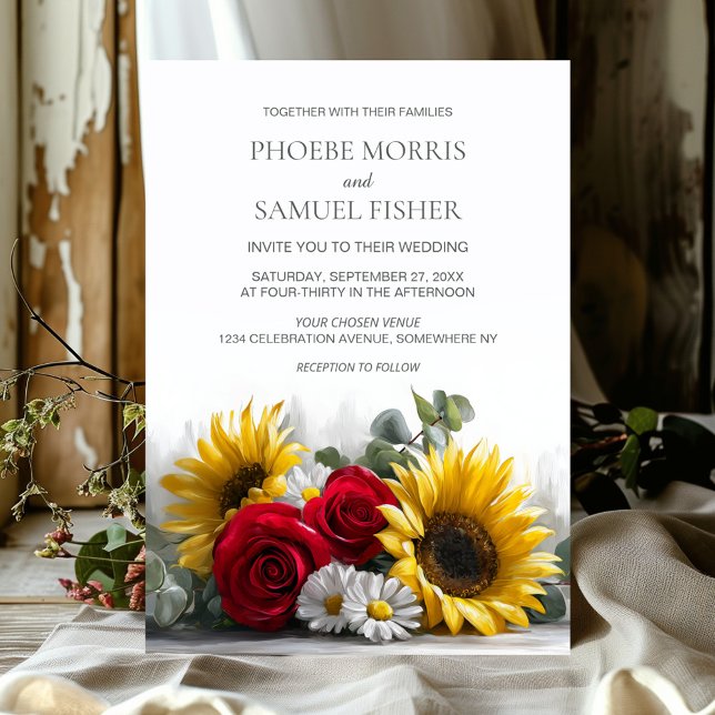Invitation Mariage aux Tournesols Rustiques et Roses (Créateur téléchargé)