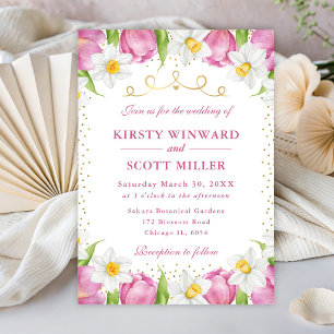 Invitation Mariage aux Tulipes Roses et Jonquilles à l'Aquare