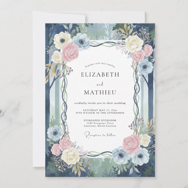 Invitation Mariage aux vignes bleu marine et rose (Devant)