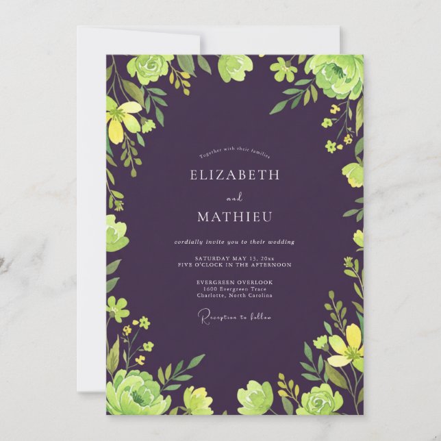 Invitation Mariage aux vignes chartreuse et prune (Devant)