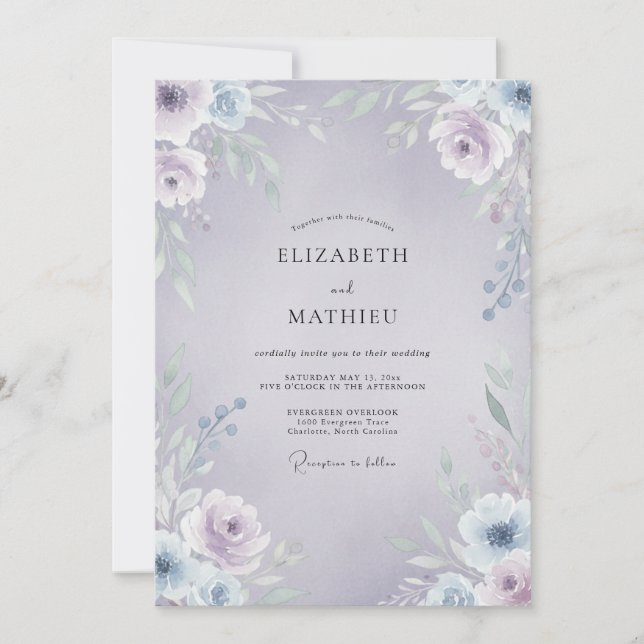 Invitation Mariage aux vignes de lavande pâle et de pervenche (Devant)