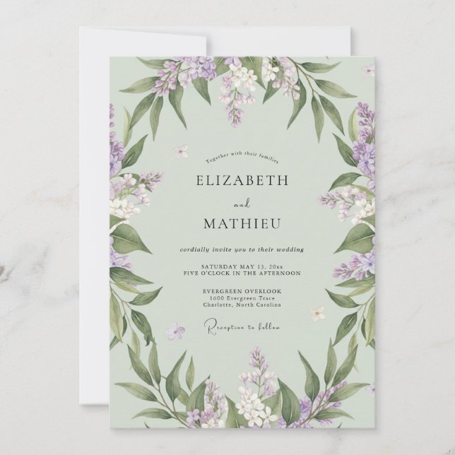 Invitation Mariage aux vignes de lilas et de menthe (Devant)